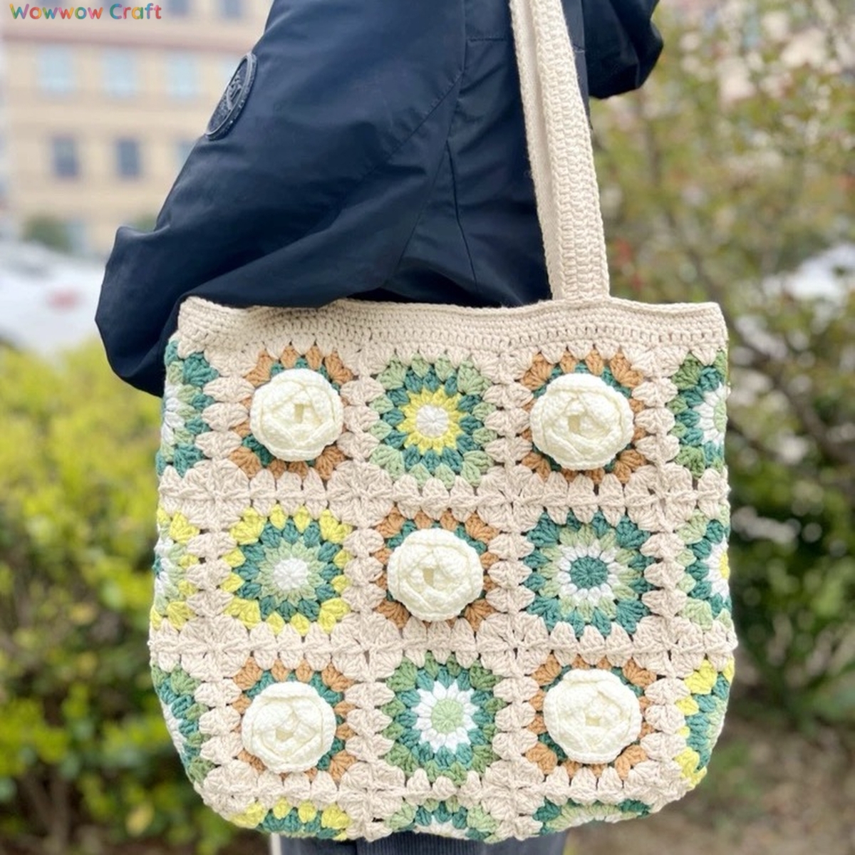 Shoulder Bags,Totes,Handmade Crochet Bags,Granny Square Tote crocheted with Snow Fairy Yarn - Beautiful Hand-Crocheted Shoulder Bag